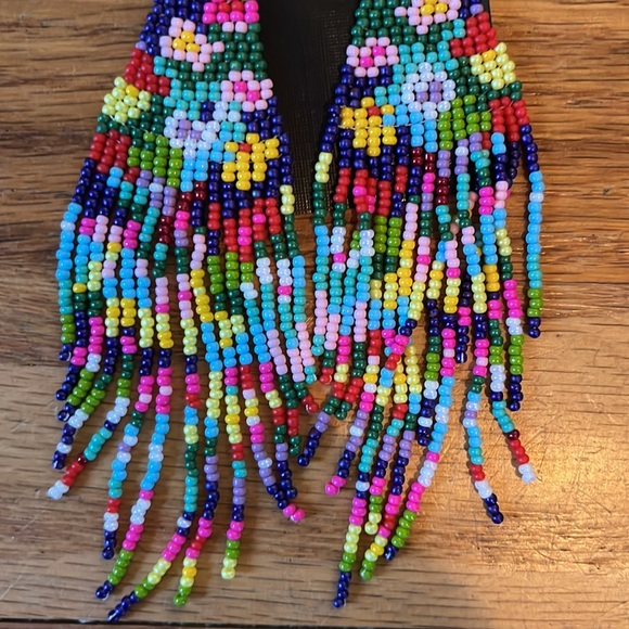 Handmade Navy Rainbow Floral Seed Bead Dangle Earrings - Picture 8 of 11